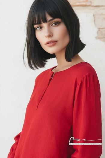 "Chic Black Bob with Red Blouse Fashion Inspiration in Granada"